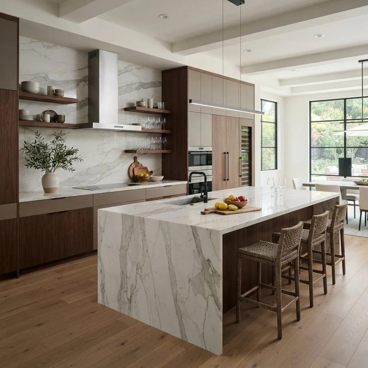 Finished kitchen with a full-height stone backsplash
